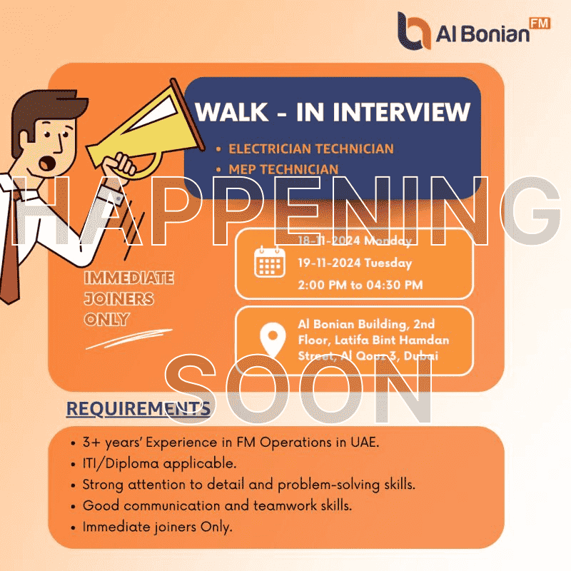 walk in interviews in Dubai Al Bonian