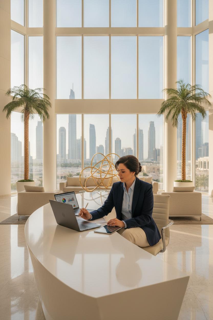 Professional reviewing laptop documents in bright Dubai office lobby, exploring google careers dubai tech jobs opportunities