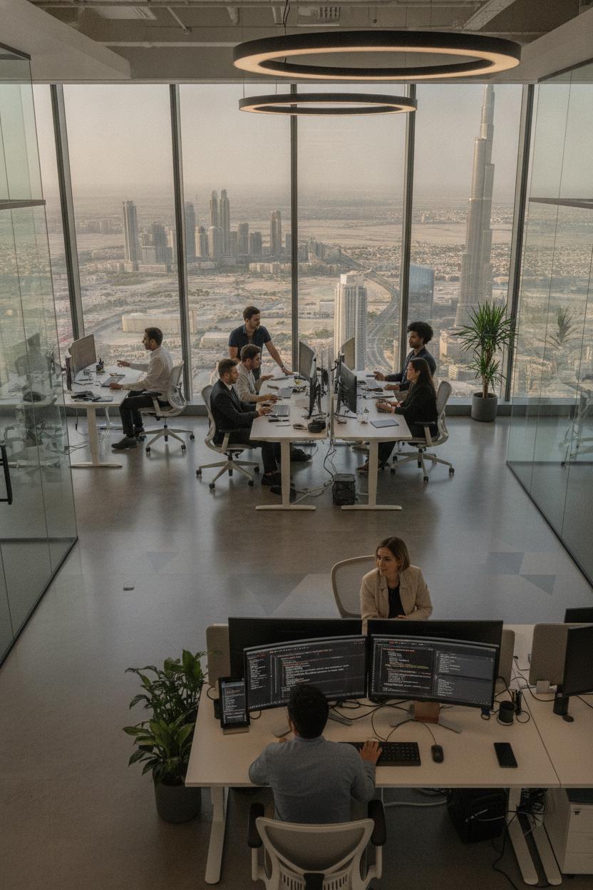 Modern Dubai tech office with employees collaborating at standing desks, ideal for google careers dubai tech jobs