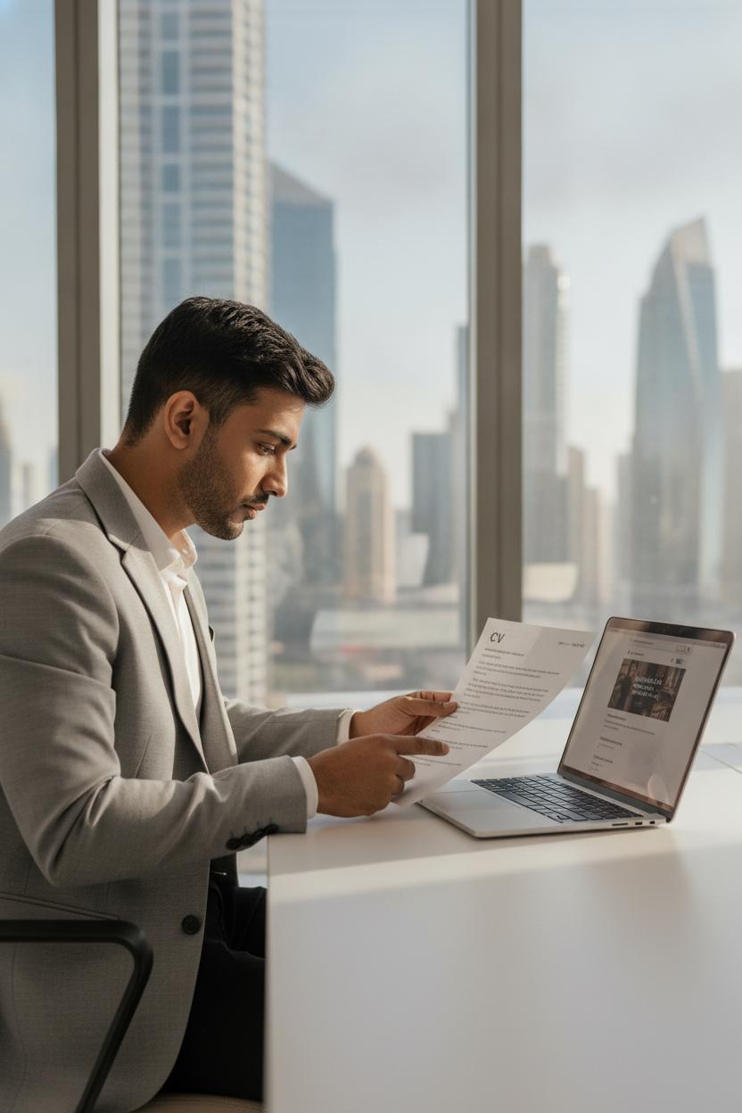 Young professional reviewing CV and cover letter at desk while researching dubai mall retail jobs apply process online