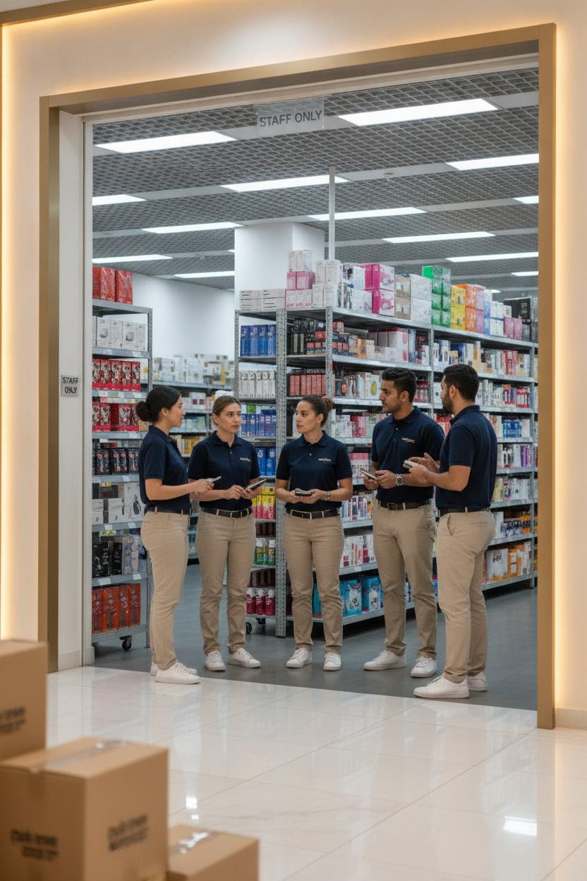 Retail employees in uniform team meeting near stockroom in Dubai Mall — dubai mall retail jobs apply today