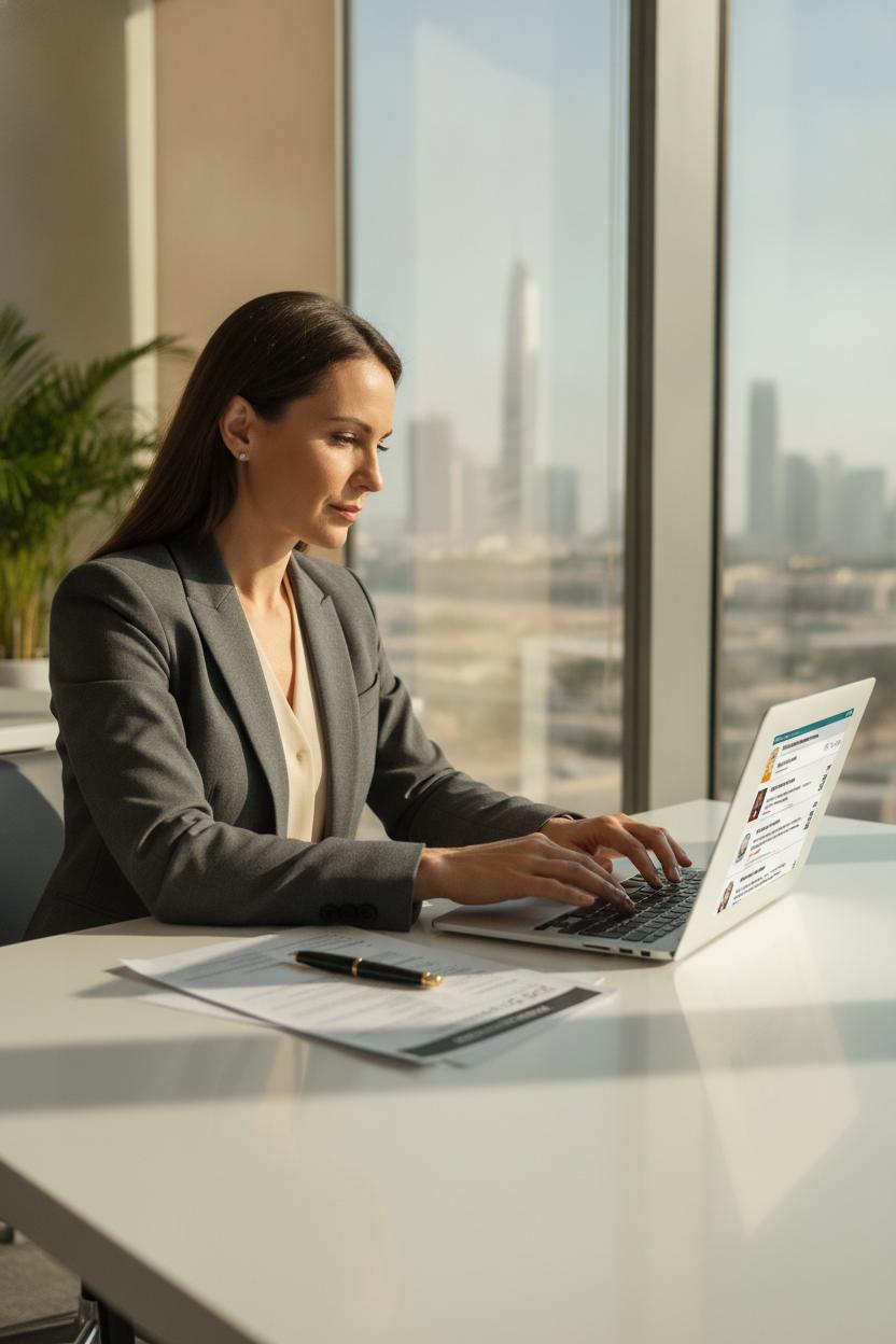 Professional reviewing Emirates NBD careers Dubai opportunities on laptop with printed CV at modern office desk