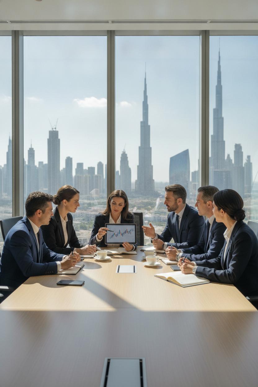Banking professionals discussing careers at Emirates NBD Dubai office with city skyline view