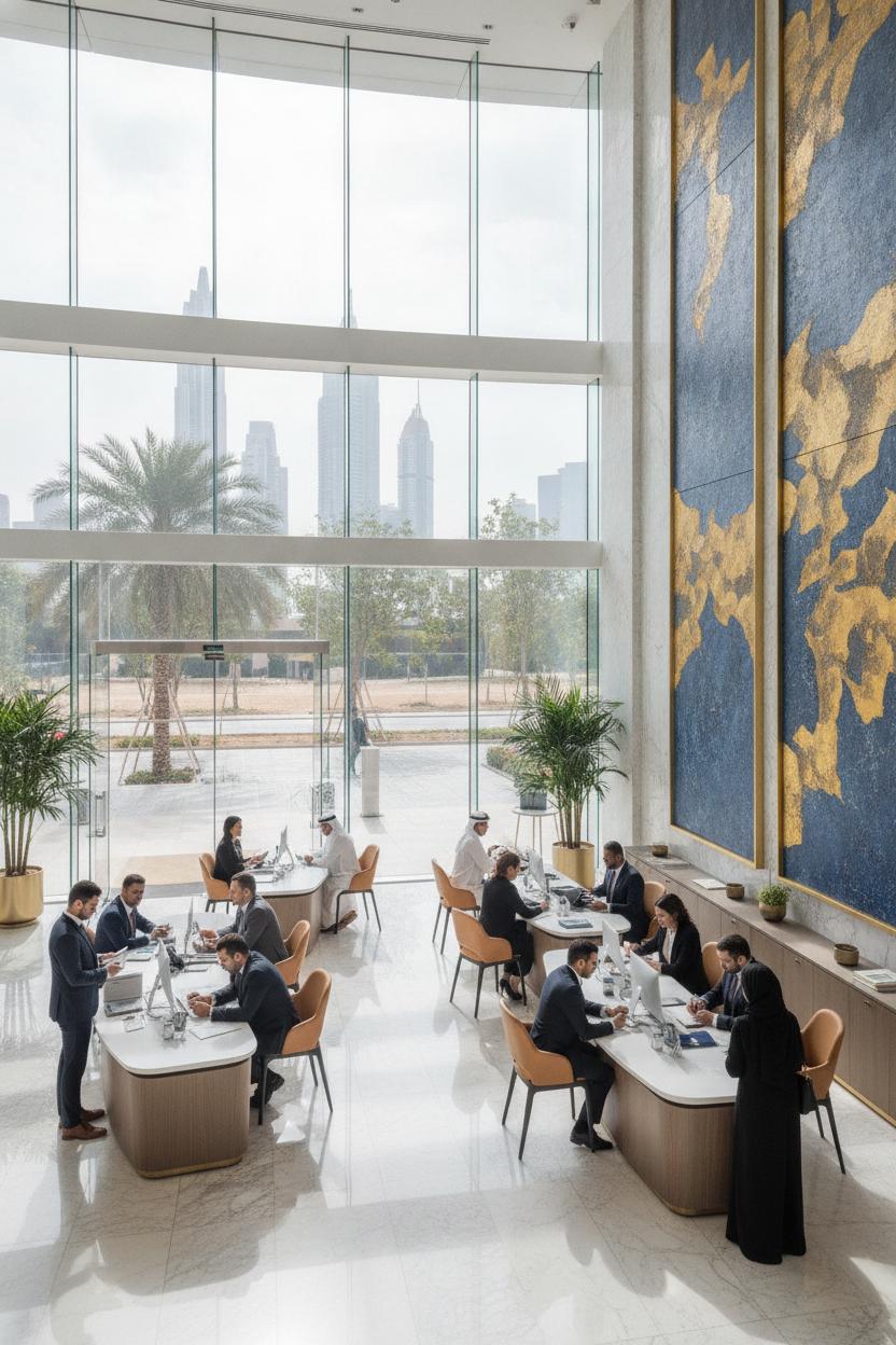 Emirates NBD careers Dubai — banking professionals assisting customers inside a modern glass-fronted Dubai branch
