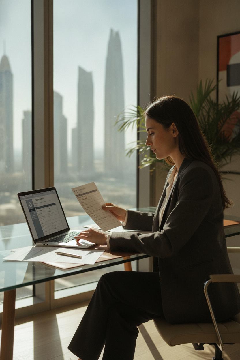 Professional reviewing CV and job application for Burj Al Arab careers Dubai at modern office desk with natural light