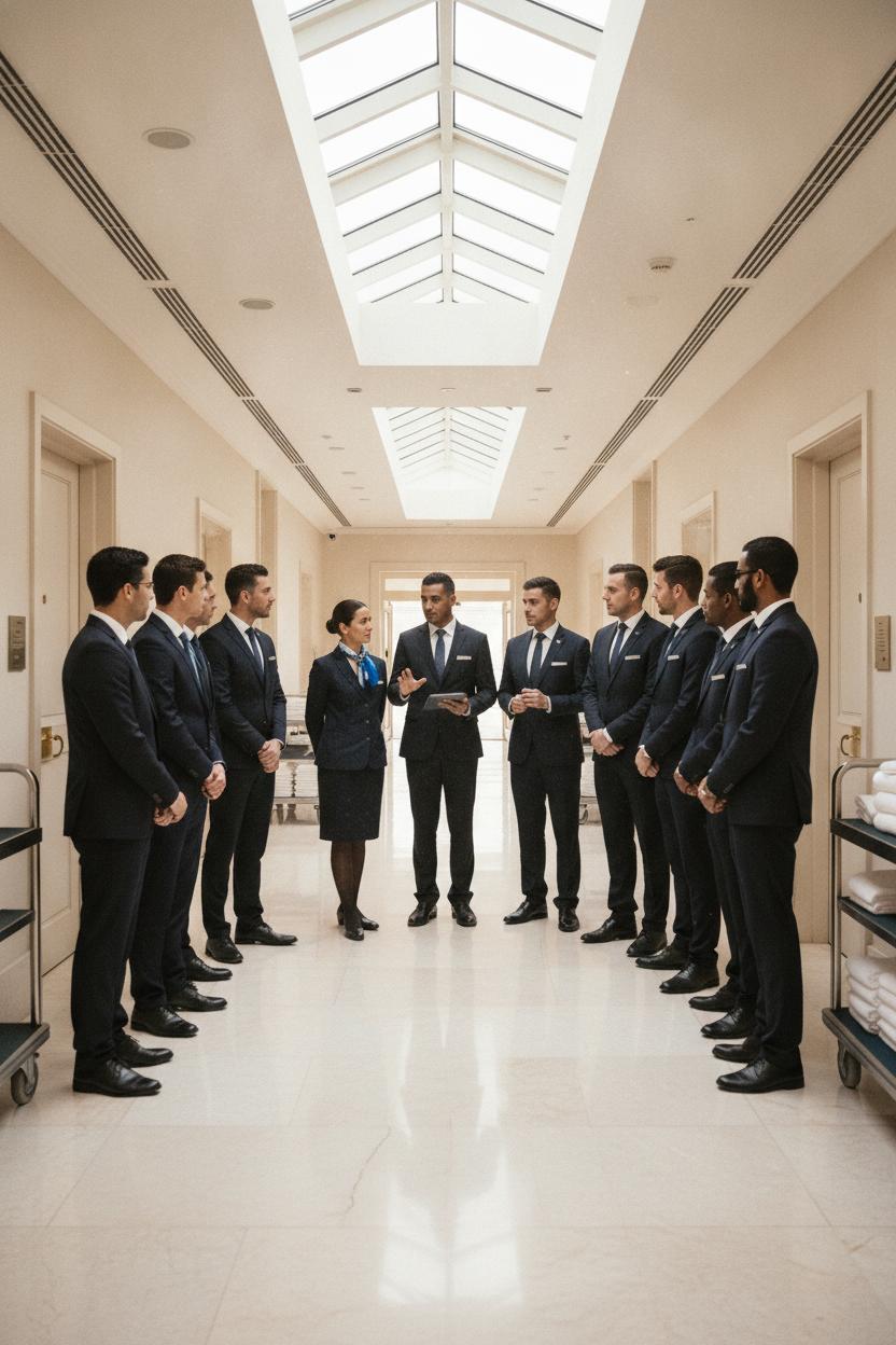 Diverse hospitality team briefing in luxury Dubai hotel corridor — burj al arab careers dubai staff in formal uniforms