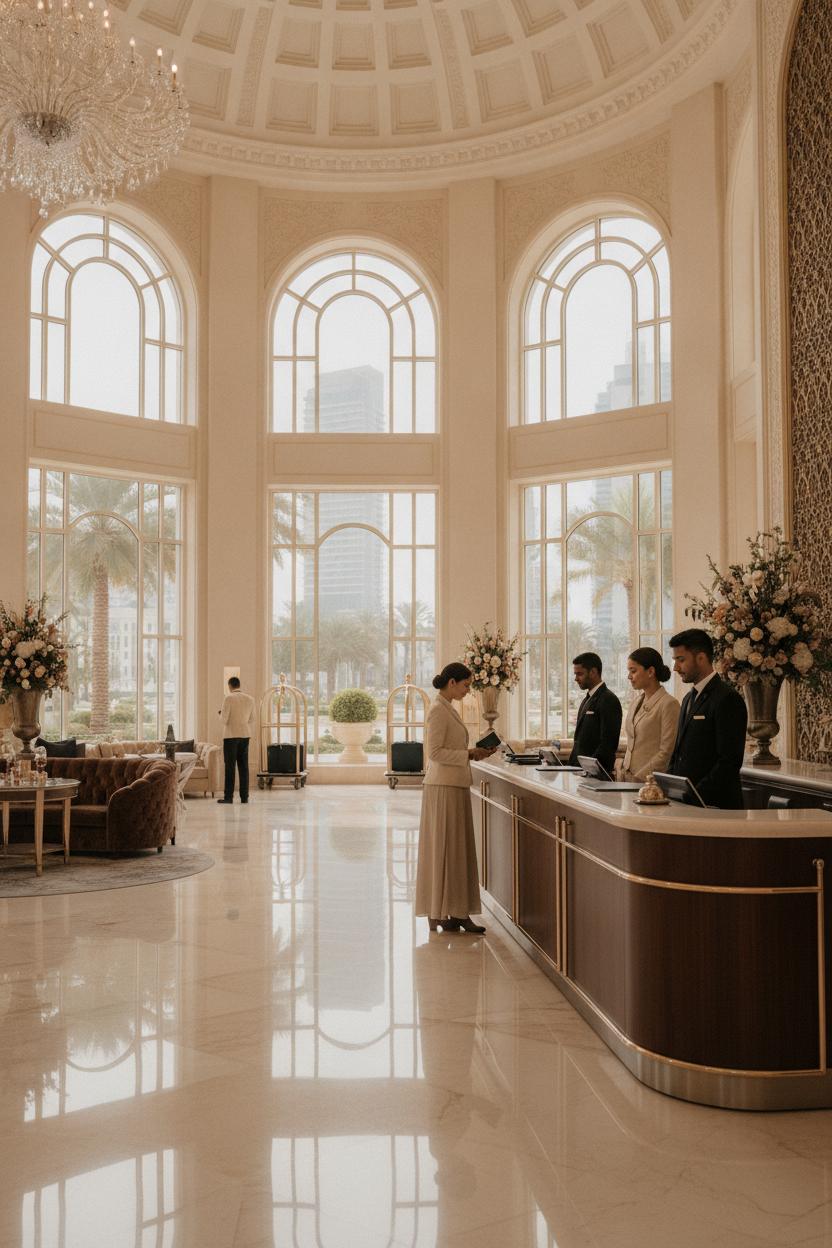 Burj Al Arab careers Dubai — uniformed hotel staff assisting guest at luxury marble lobby reception desk